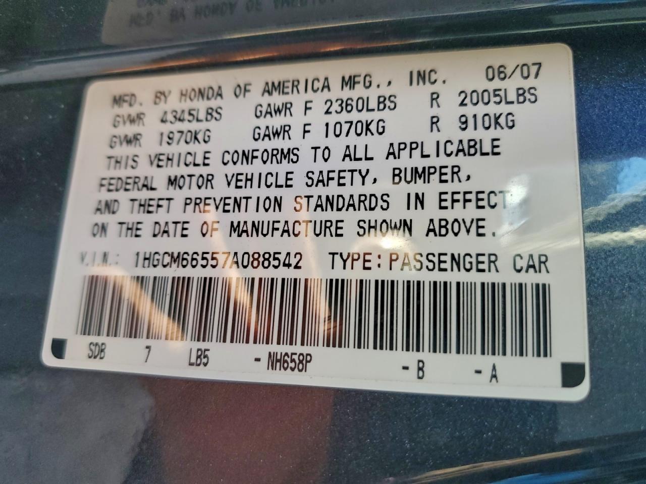 2007 Honda Accord Ex VIN: 1HGCM66557A088542 Lot: 93201075