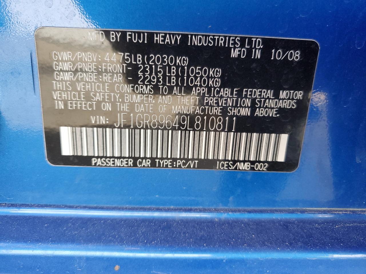 2009 Subaru Impreza Wrx Sti VIN: JF1GR89649L810811 Lot: 91734025