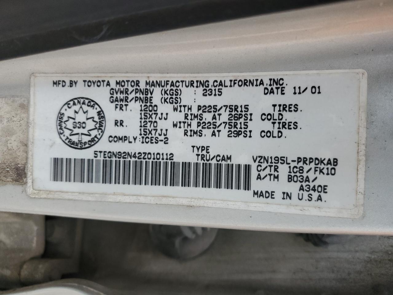 2002 Toyota Tacoma Double Cab Prerunner VIN: 5TEGN92N42Z010112 Lot: 90850875