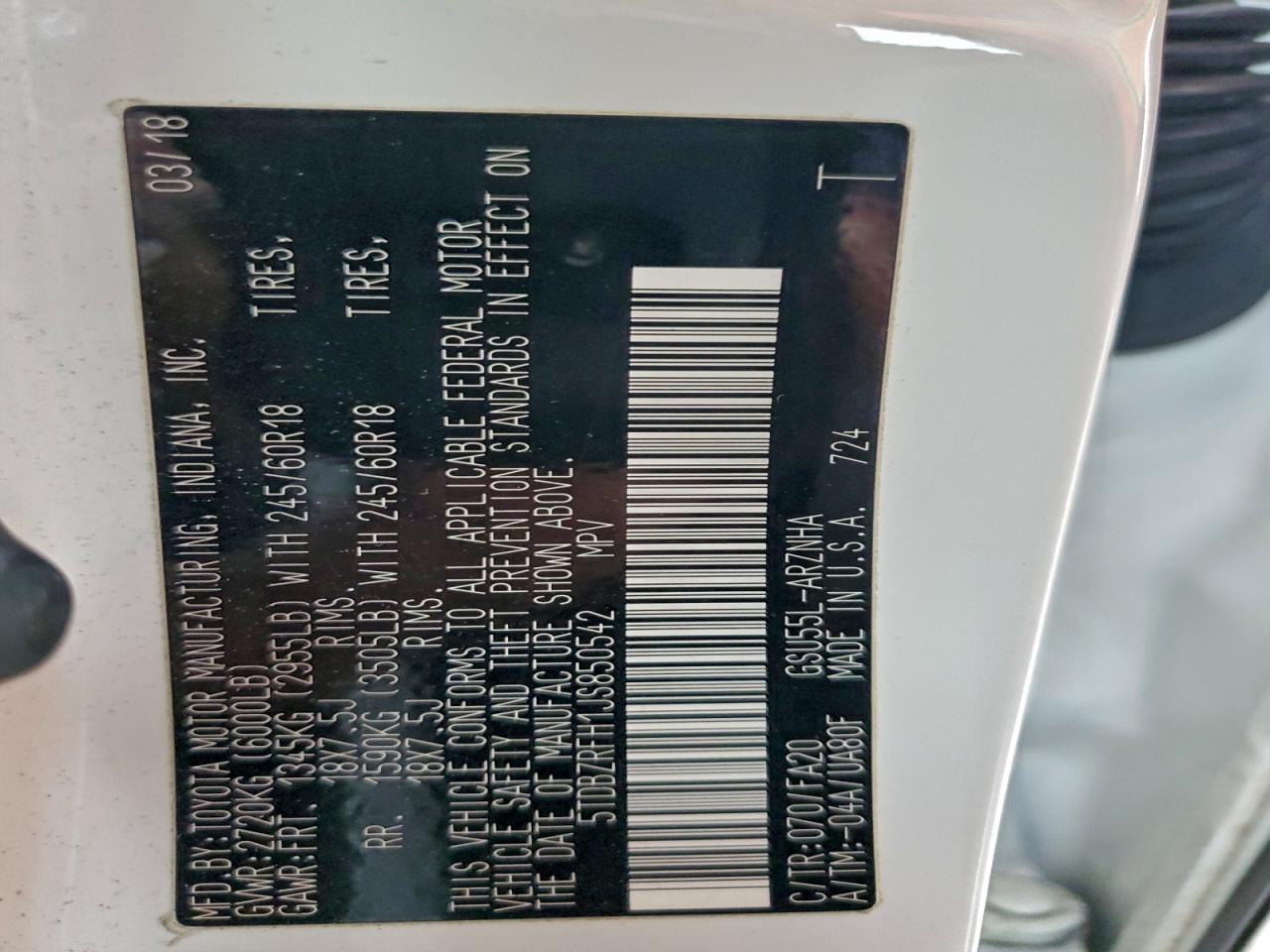 2018 Toyota Highlander Le VIN: 5TDBZRFH1JS850542 Lot: 94127885