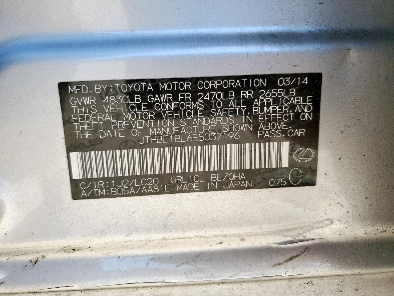 2014 Lexus Gs 350 VIN: JTHBE1BL6E5037196 Lot: 91732865