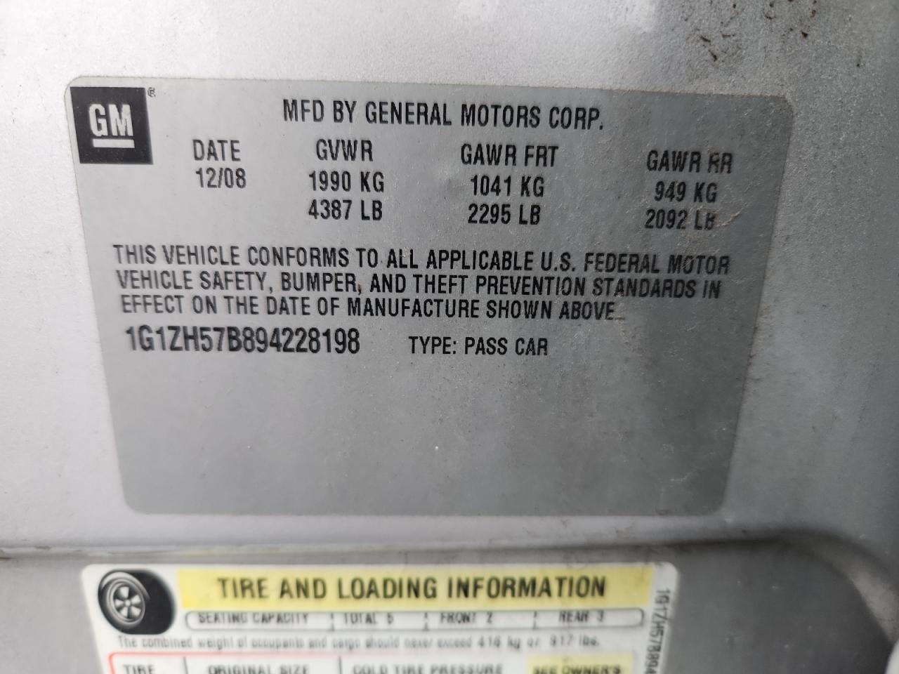 2009 Chevrolet Malibu 1Lt VIN: 1G1ZH57B894228198 Lot: 93410615