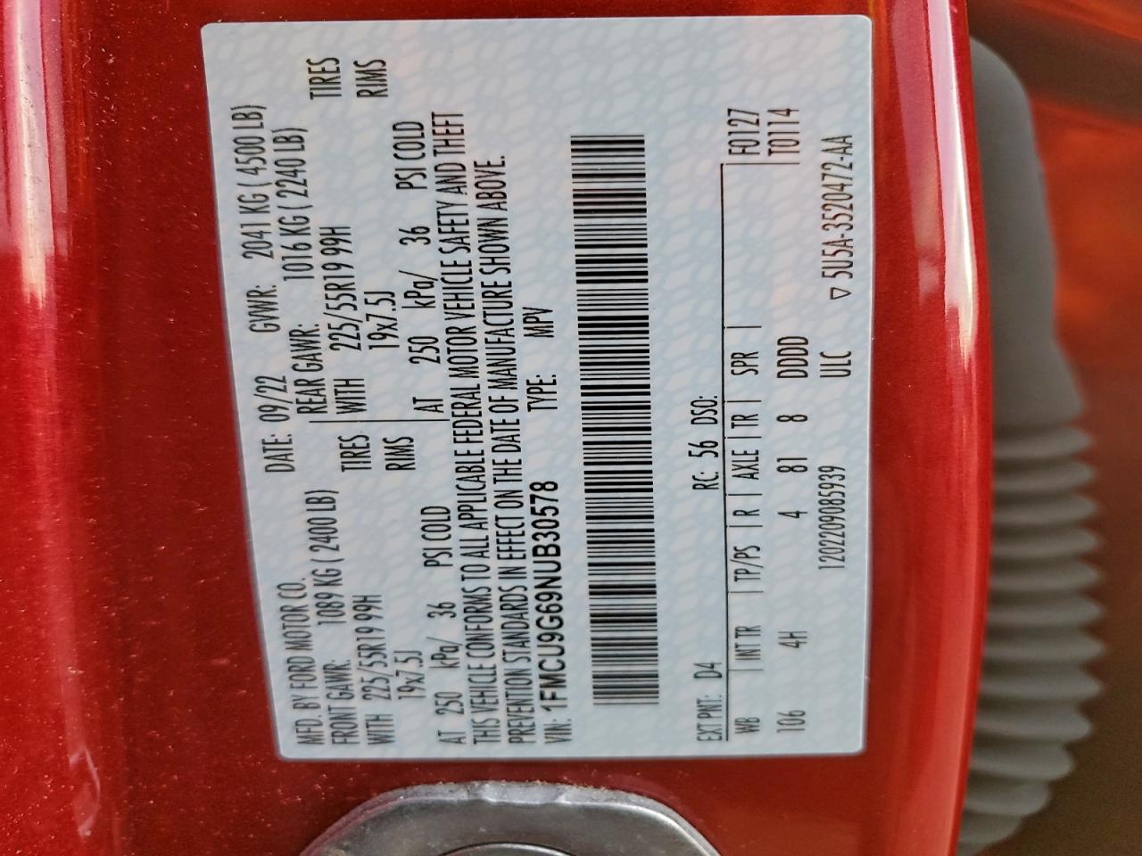 2022 Ford Escape Se VIN: 1FMCU9G69NUB30578 Lot: 94778965