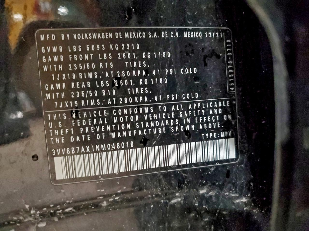 2022 Volkswagen Tiguan Se R-Line Black VIN: 3VV8B7AX1NM048016 Lot: 94056935