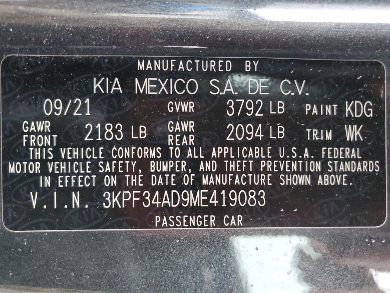 2021 Kia Forte Gt Line VIN: 3KPF34AD9ME419083 Lot: 91706725