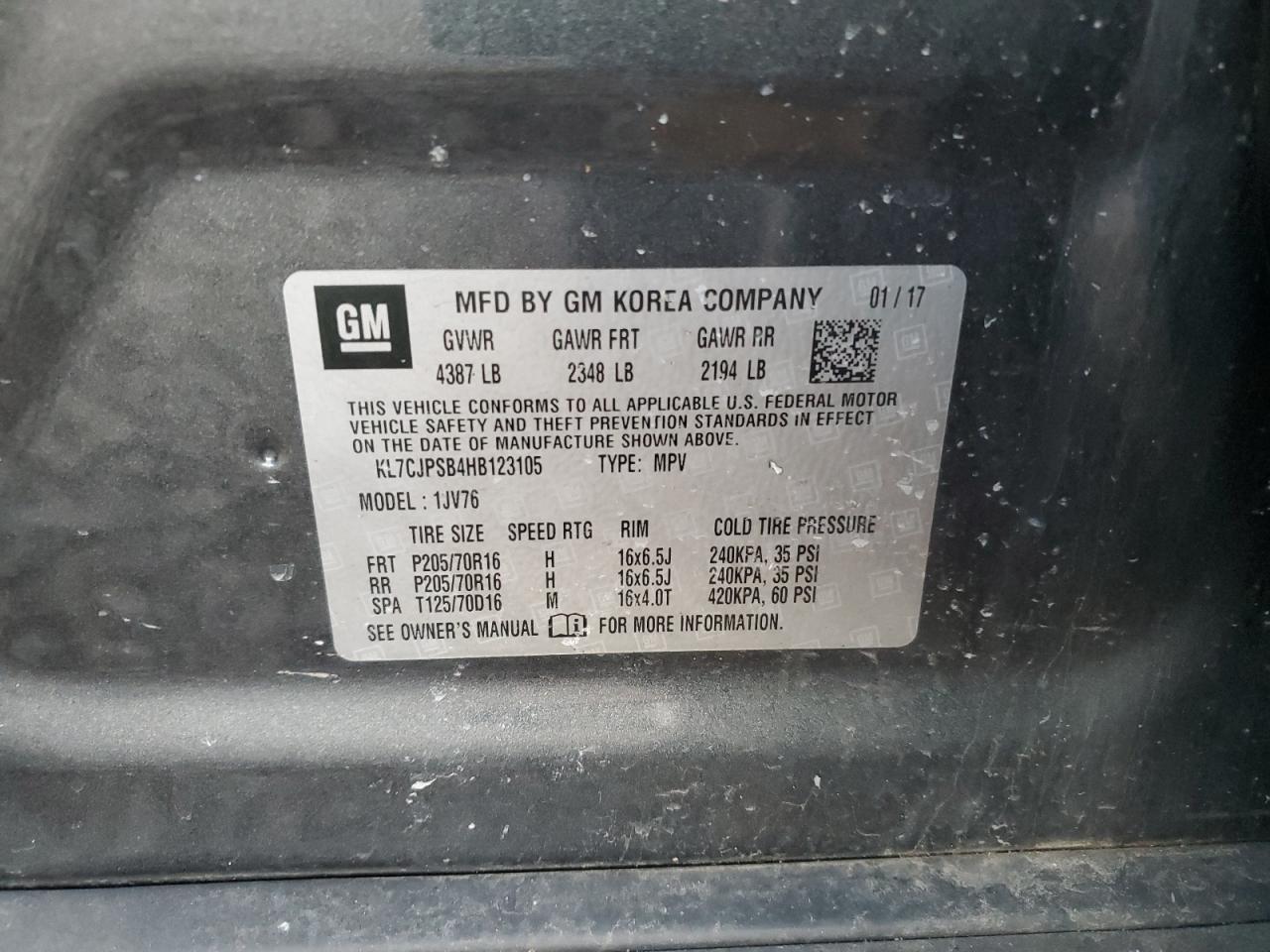 2017 Chevrolet Trax 1Lt VIN: KL7CJPSB4HB123105 Lot: 93215185