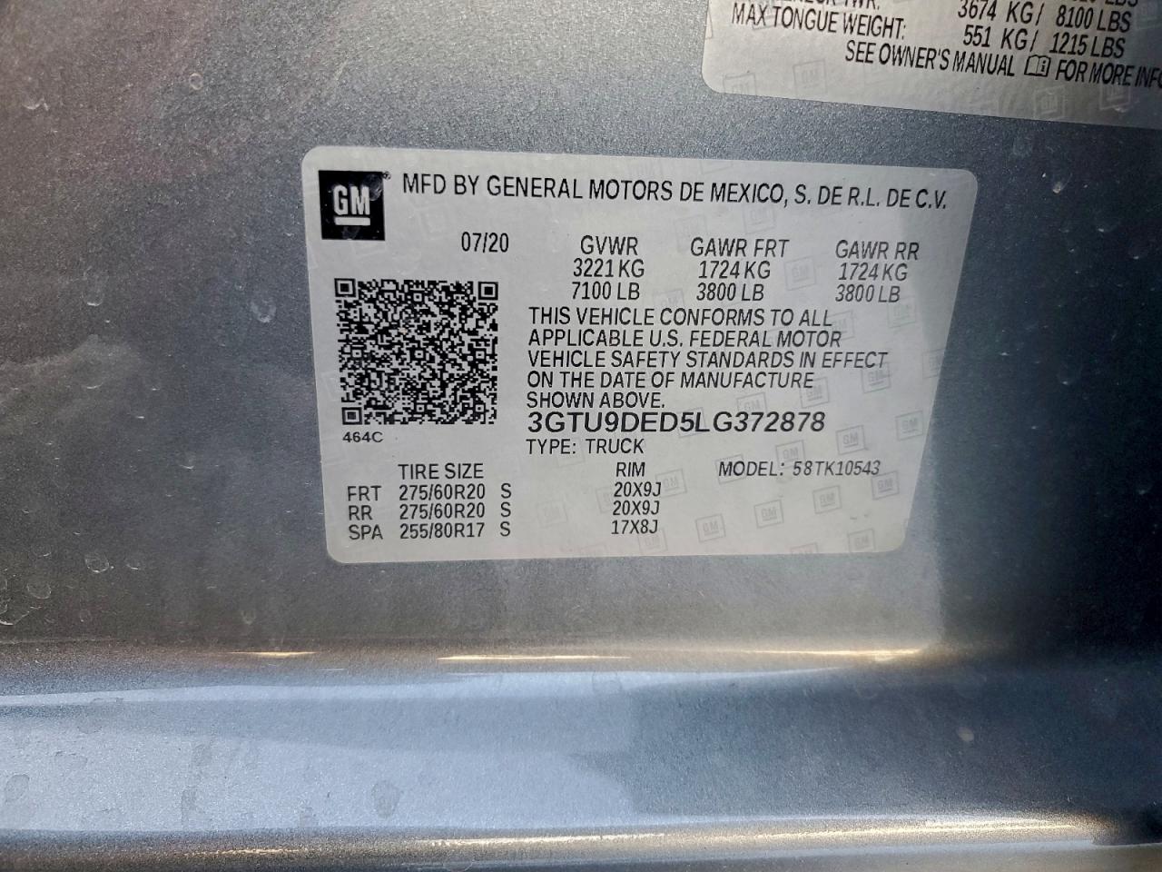 2020 GMC Sierra K1500 Slt VIN: 3GTU9DED5LG372878 Lot: 93952675