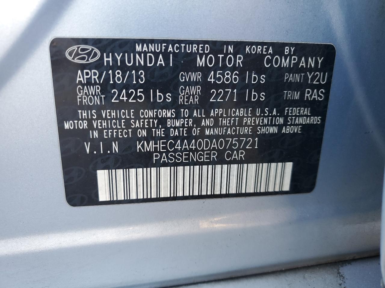 2013 Hyundai Sonata Hybrid VIN: KMHEC4A40DA075721 Lot: 90993925