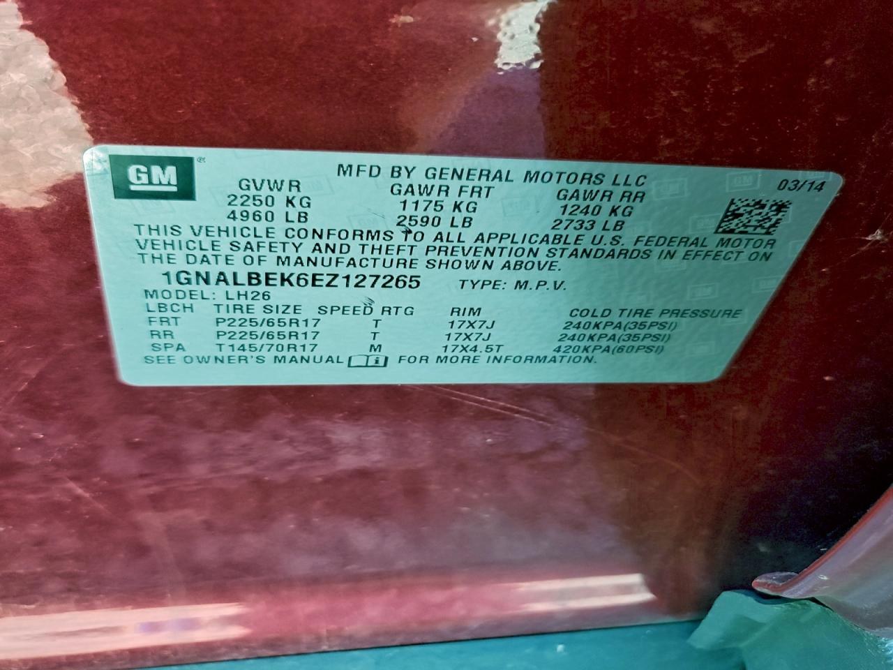 2014 Chevrolet Equinox Lt VIN: 1GNALBEK6EZ127265 Lot: 94653715