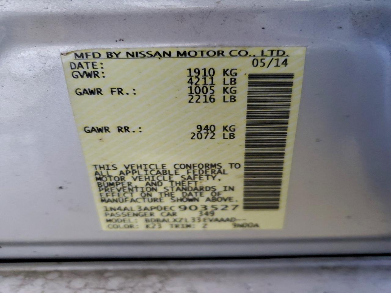 2014 Nissan Altima 2.5 VIN: 1N4AL3AP0EC903527 Lot: 94508425