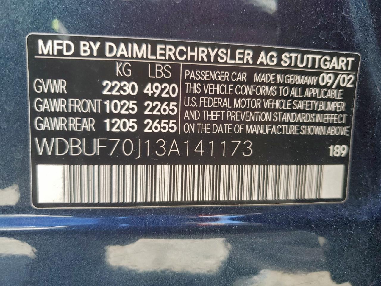 2003 Mercedes-Benz E 500 VIN: WDBUF70J13A141173 Lot: 94140675