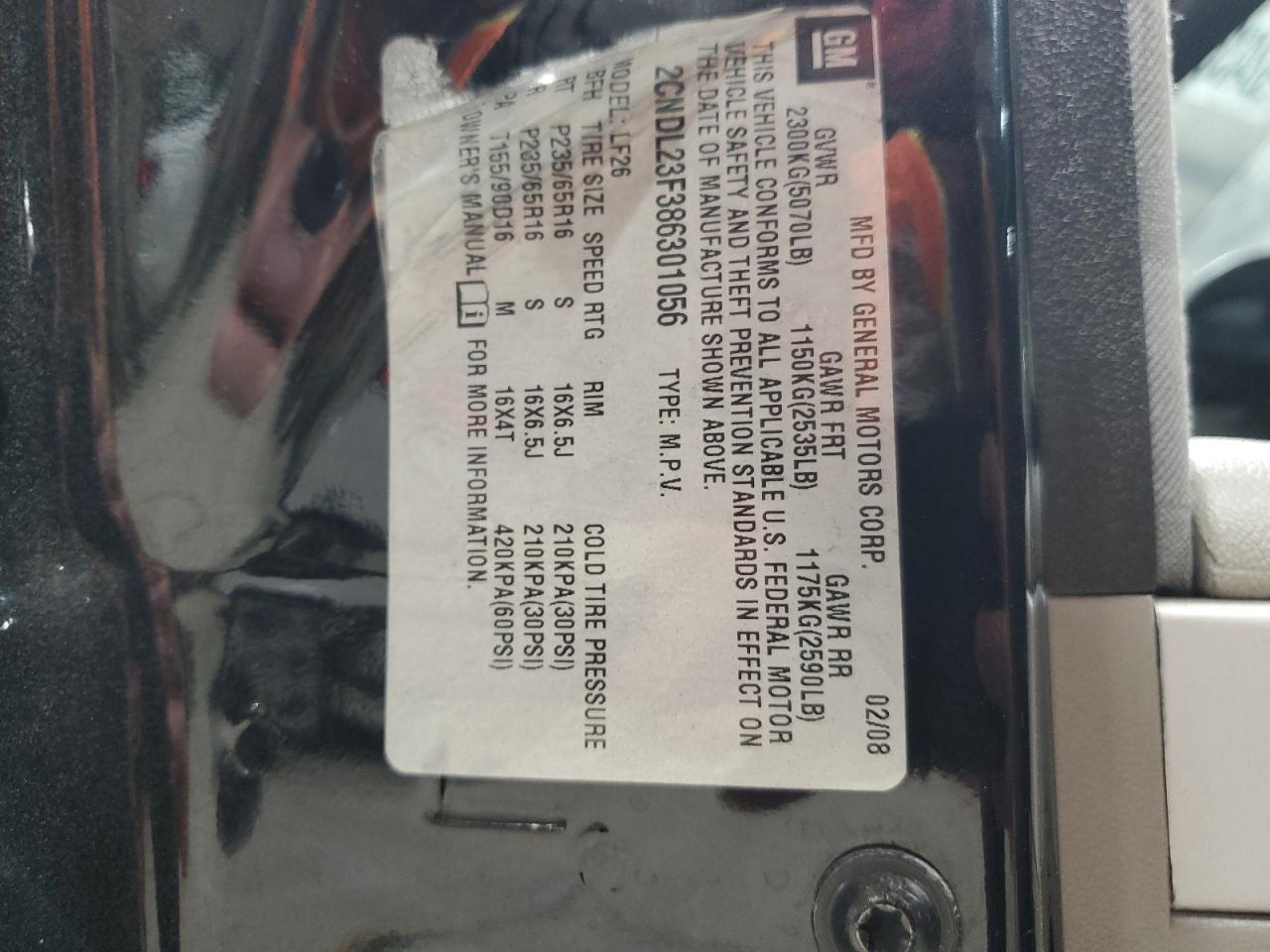 2008 Chevrolet Equinox Ls VIN: 2CNDL23F386301056 Lot: 92433695