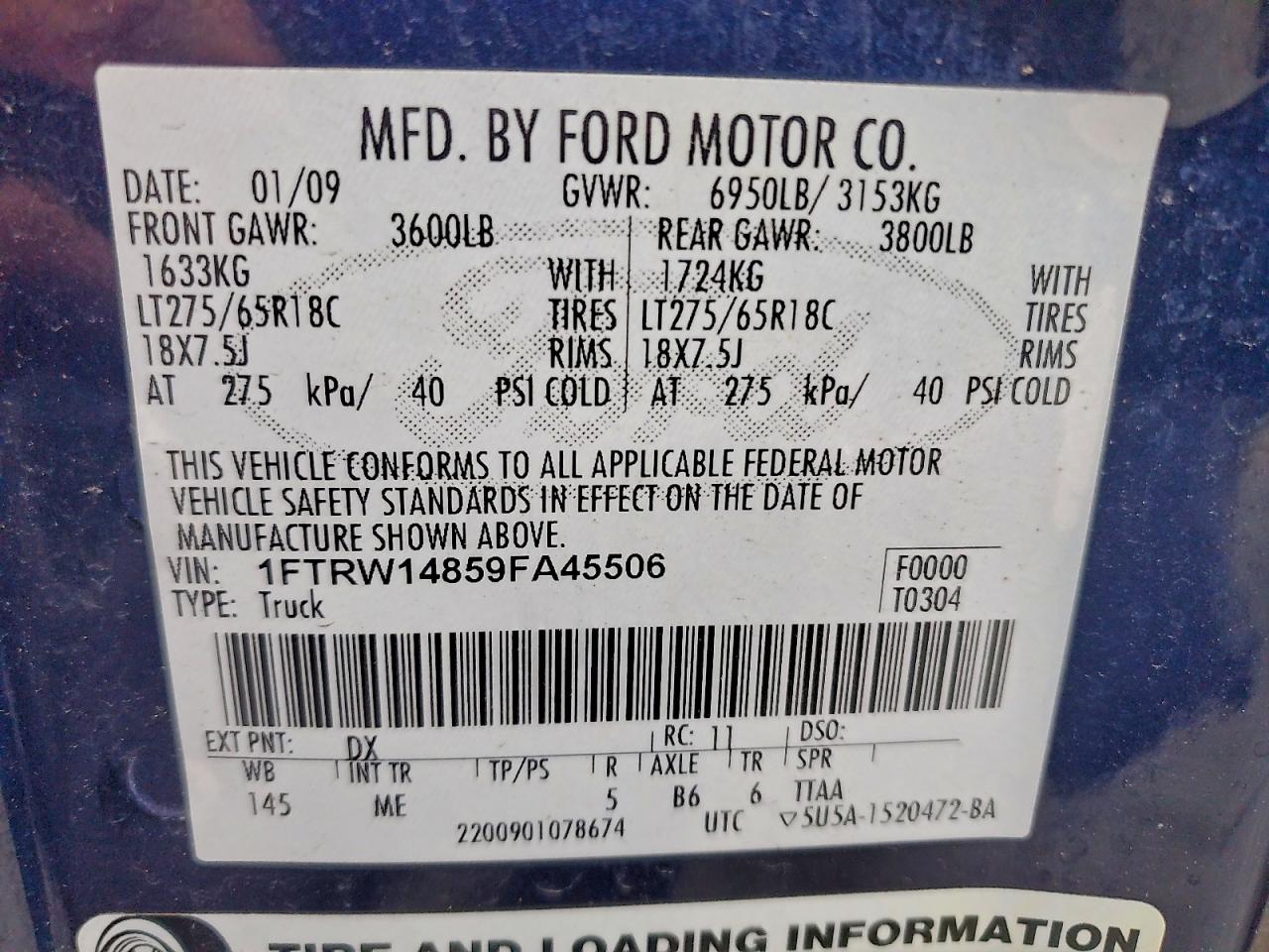 2009 Ford F150 Supercrew VIN: 1FTRW14859FA45506 Lot: 93132305