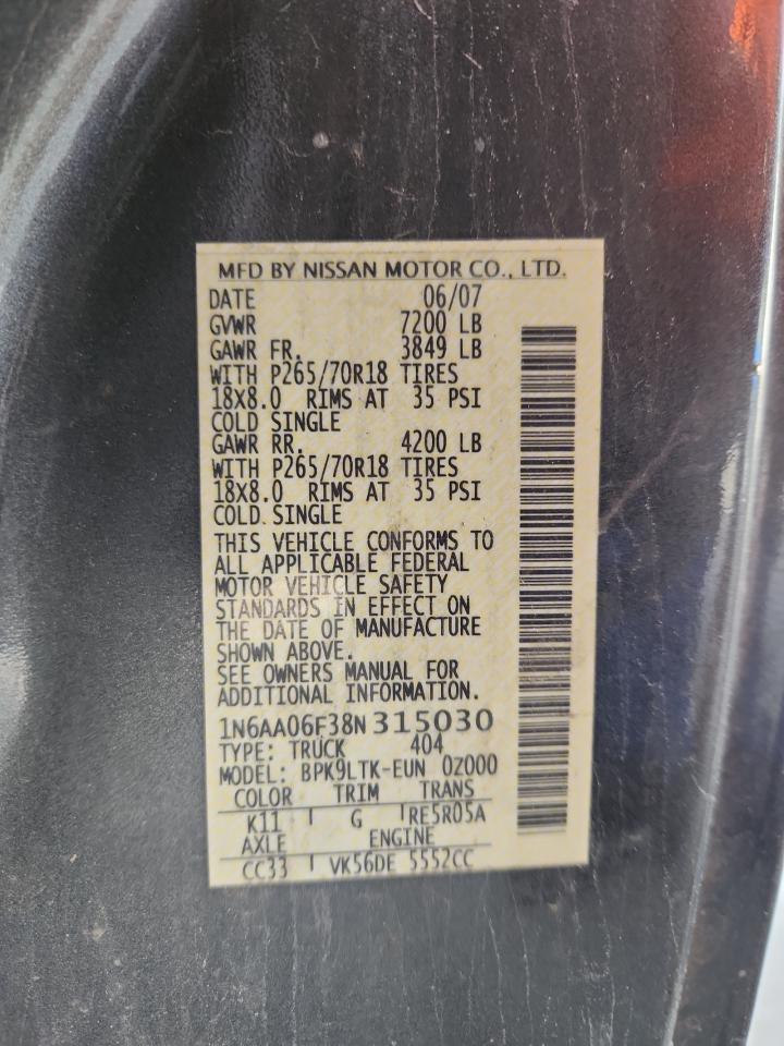2008 Nissan Titan Xe VIN: 1N6AA06F38N315030 Lot: 91003685