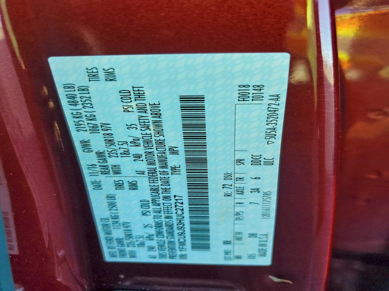 2017 Ford Escape Titanium VIN: 1FMCU9J93HUC27217 Lot: 92759245