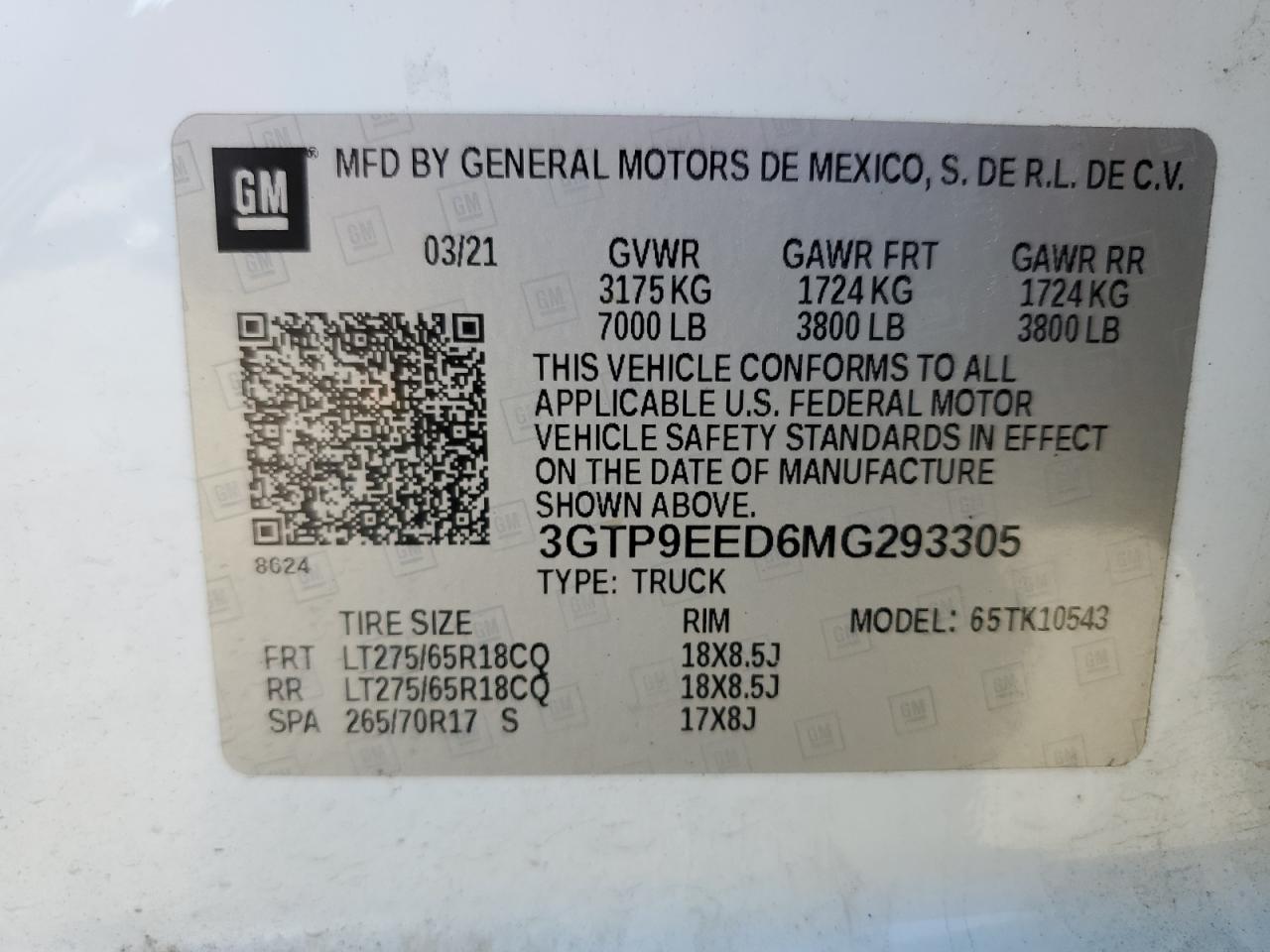 2021 GMC Sierra K1500 At4 VIN: 3GTP9EED6MG293305 Lot: 90937215