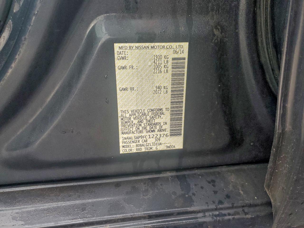 2015 Nissan Altima 2.5 VIN: 1N4AL3AP9FC122376 Lot: 93315975