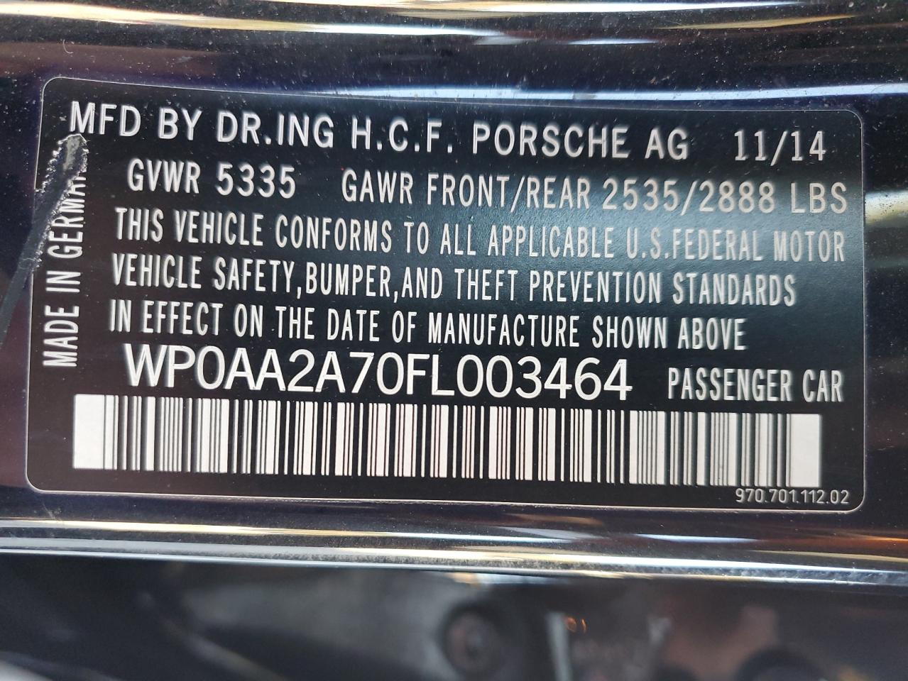 2015 Porsche Panamera 2 VIN: WP0AA2A70FL003464 Lot: 92931595