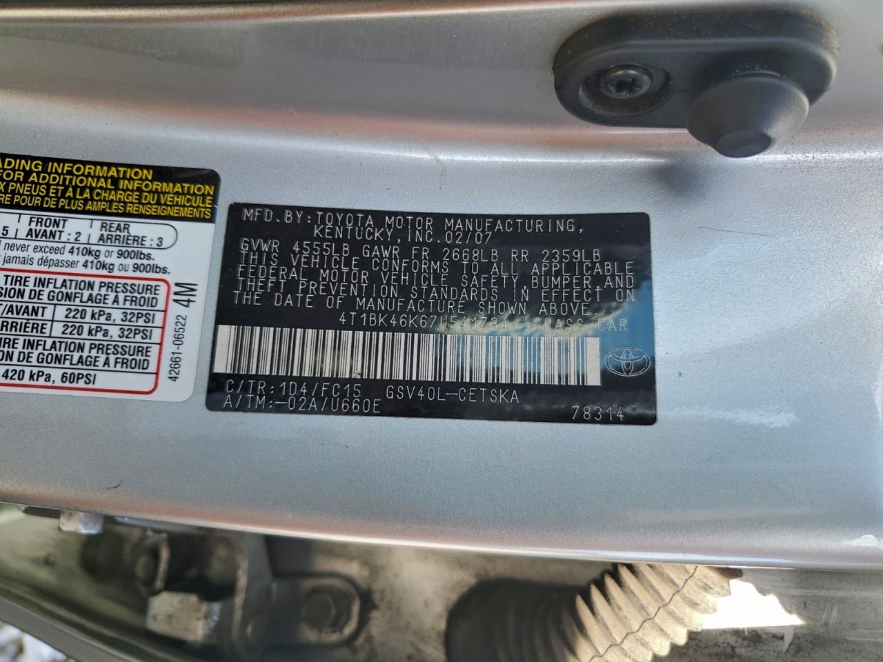 2007 Toyota Camry Le VIN: 4T1BK46K67U541734 Lot: 94551065