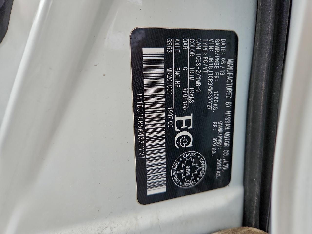 2019 Nissan Rogue Sport S VIN: JN1BJ1CR9KW337727 Lot: 90599615