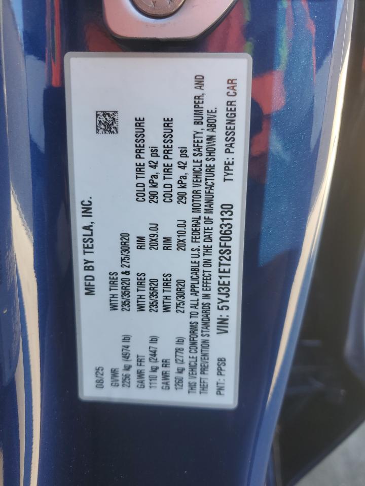 2025 Tesla Model 3 VIN: 5YJ3E1ET2SF063130 Lot: 92362455