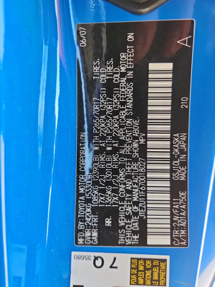 2007 Toyota Fj Cruiser VIN: JTEZU11F670018027 Lot: 92897475