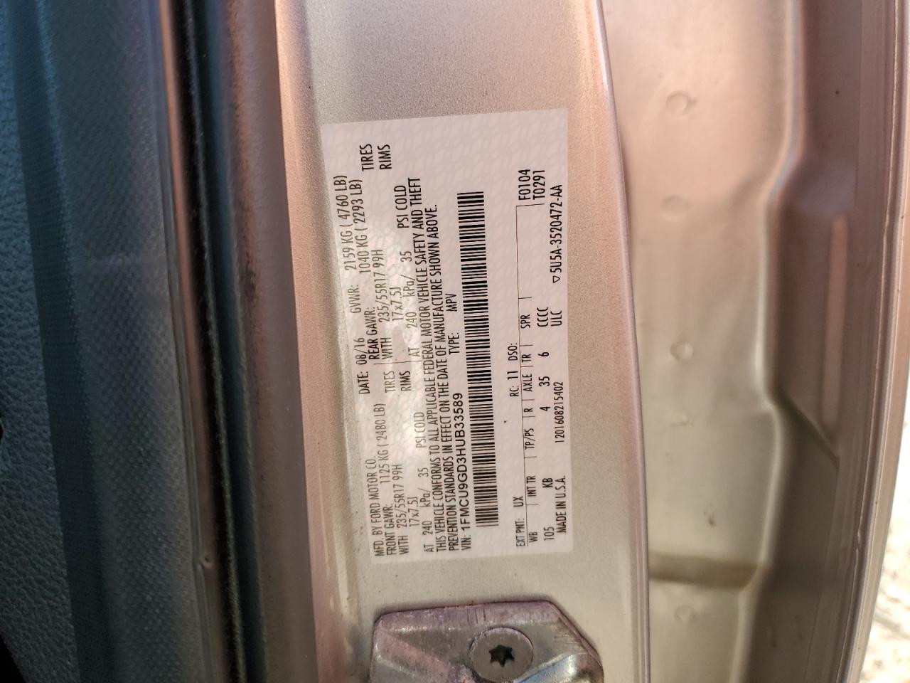 2017 Ford Escape Se VIN: 1FMCU9GD3HUB33589 Lot: 92193425