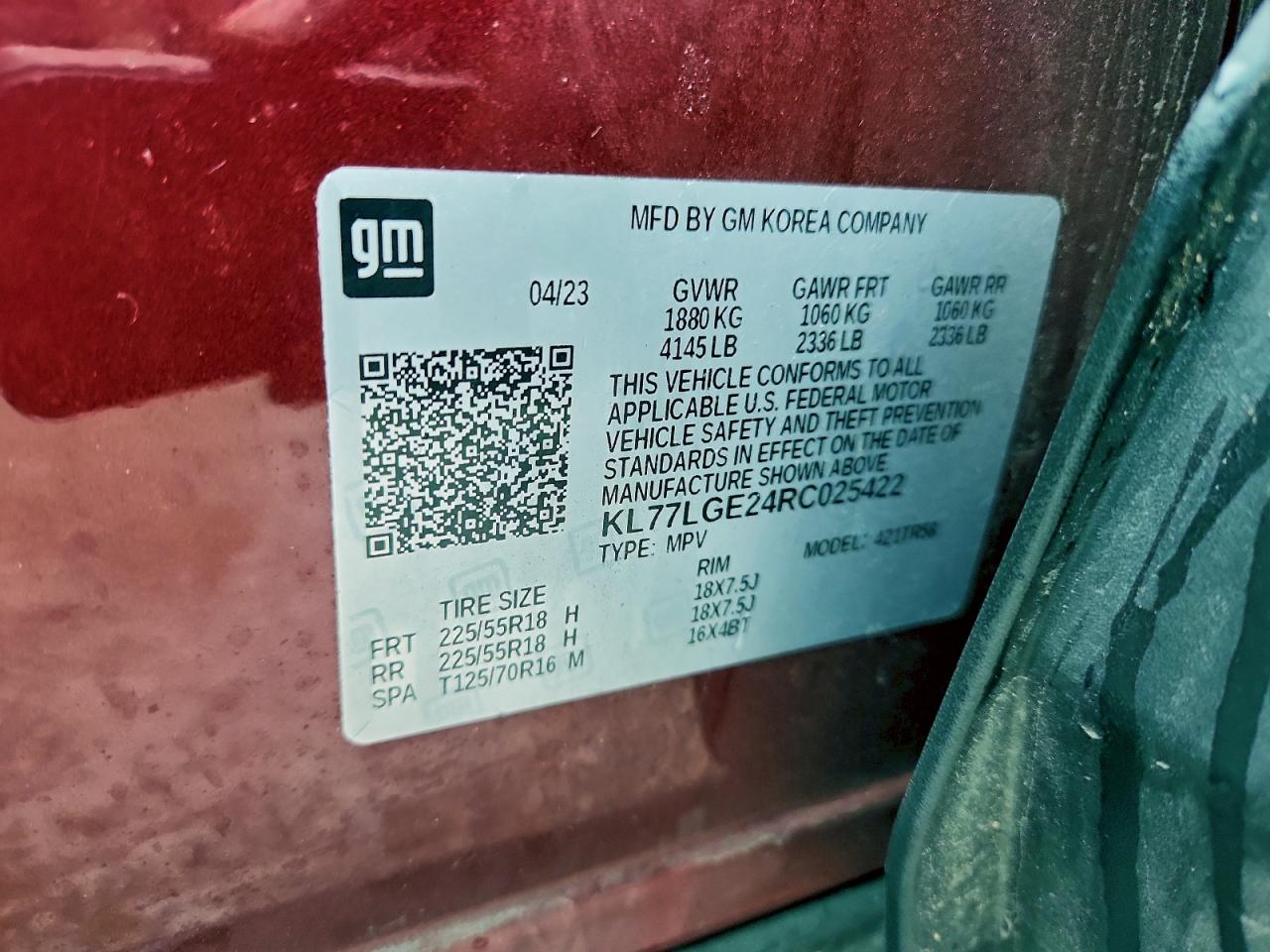 2024 Chevrolet Trax 1Rs VIN: KL77LGE24RC025422 Lot: 93874285