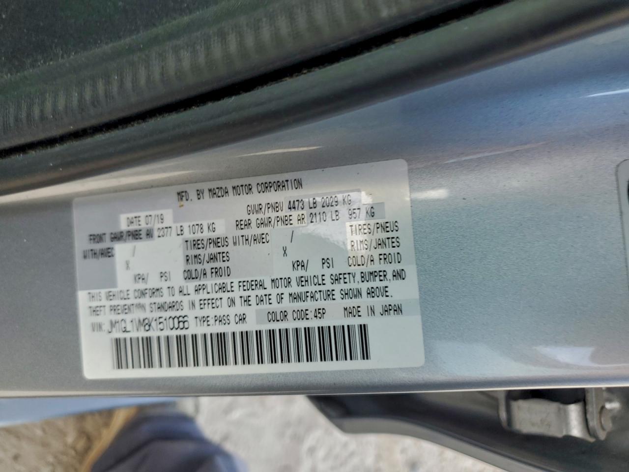 2019 Mazda 6 Touring VIN: JM1GL1VM8K1510066 Lot: 93356505