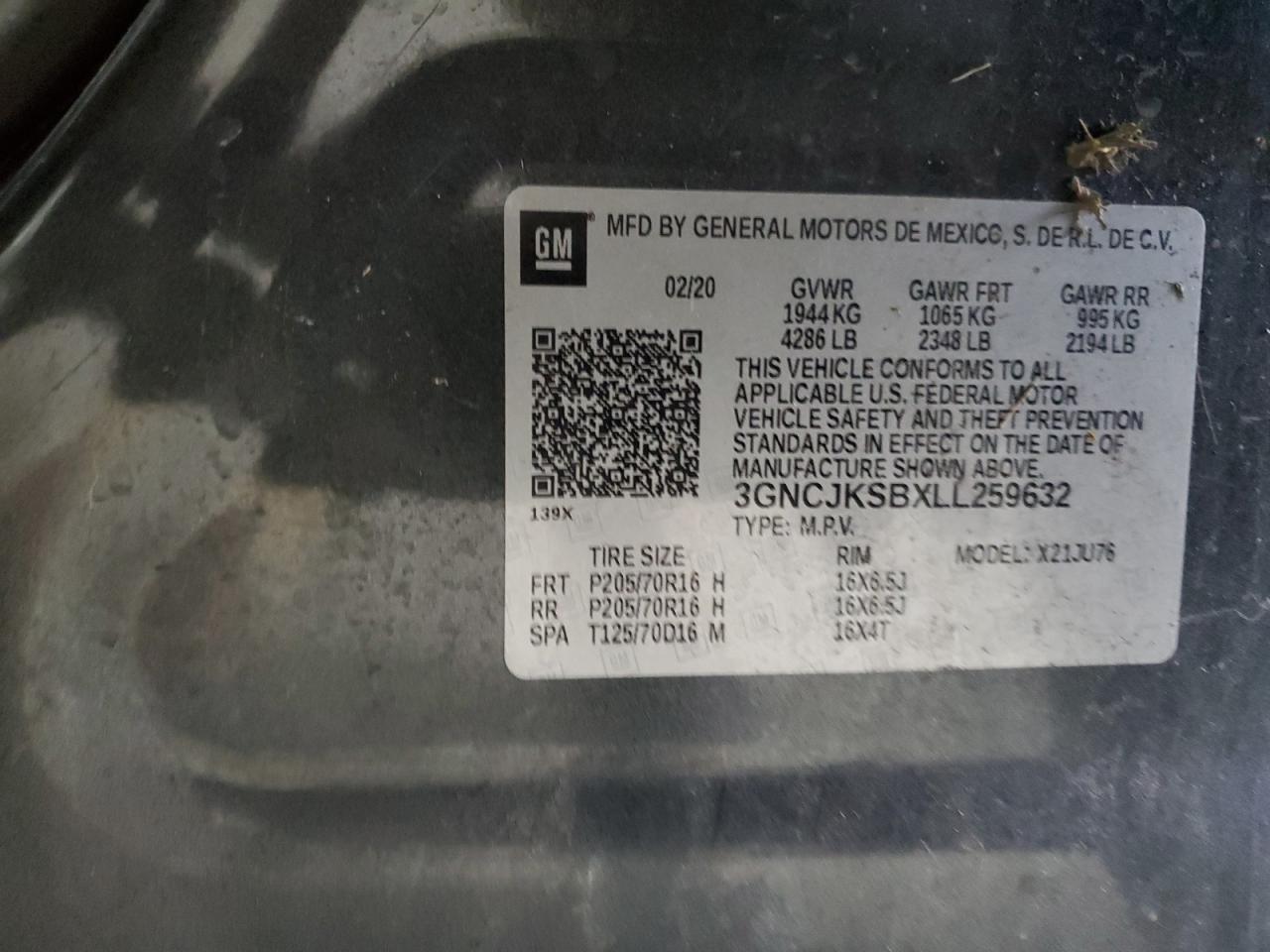 2020 Chevrolet Trax Ls VIN: 3GNCJKSBXLL259632 Lot: 93858785