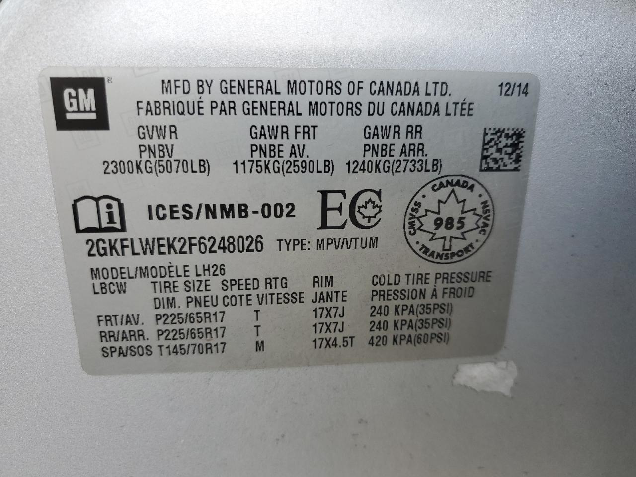 2015 GMC Terrain Sle VIN: 2GKFLWEK2F6248026 Lot: 90680335