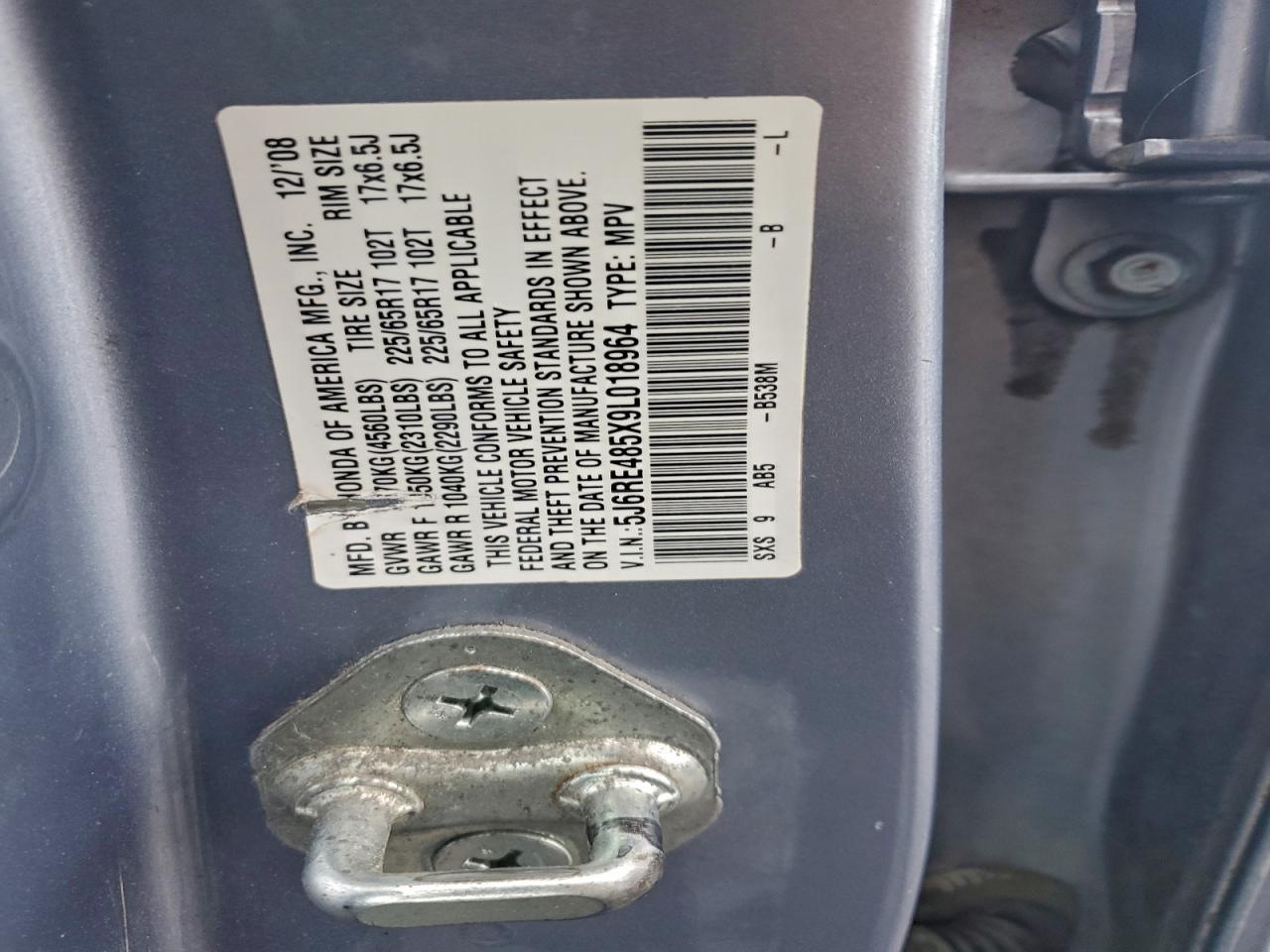 2009 Honda Cr-V Ex VIN: 5J6RE485X9L018964 Lot: 93653715