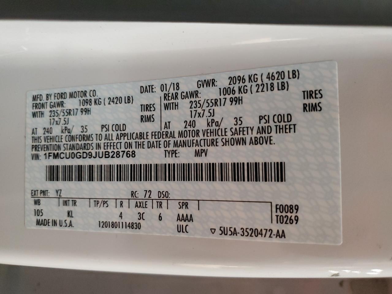 2018 Ford Escape Se VIN: 1FMCU0GD9JUB28768 Lot: 92358555