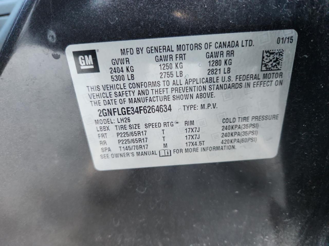 2015 Chevrolet Equinox Lt VIN: 2GNFLGE34F6264634 Lot: 91697275