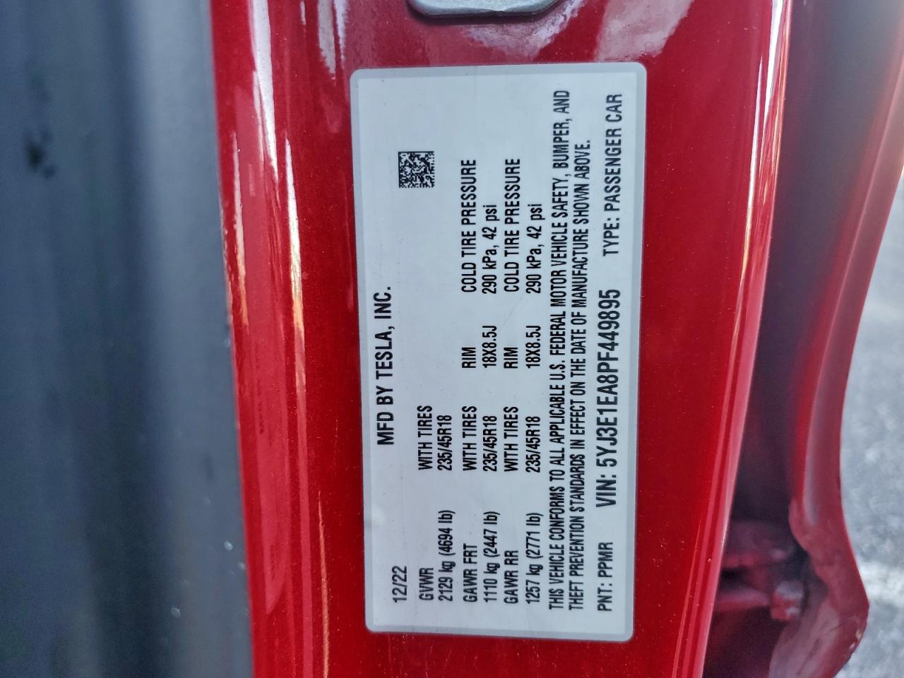 2023 Tesla Model 3 VIN: 5YJ3E1EA8PF449895 Lot: 94594875