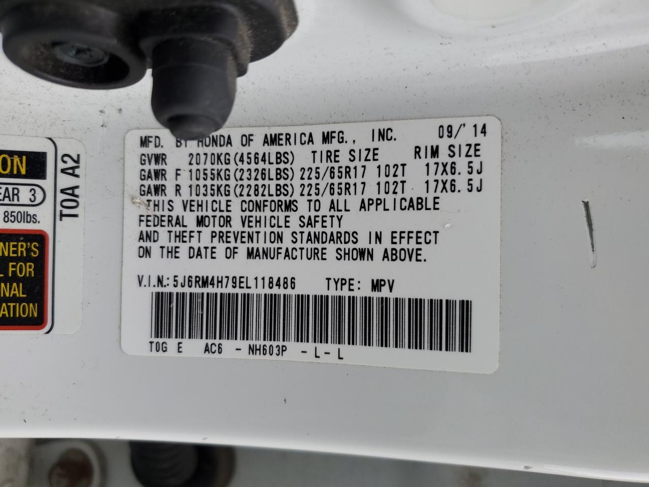 2014 Honda Cr-V Exl VIN: 5J6RM4H79EL118486 Lot: 91229785