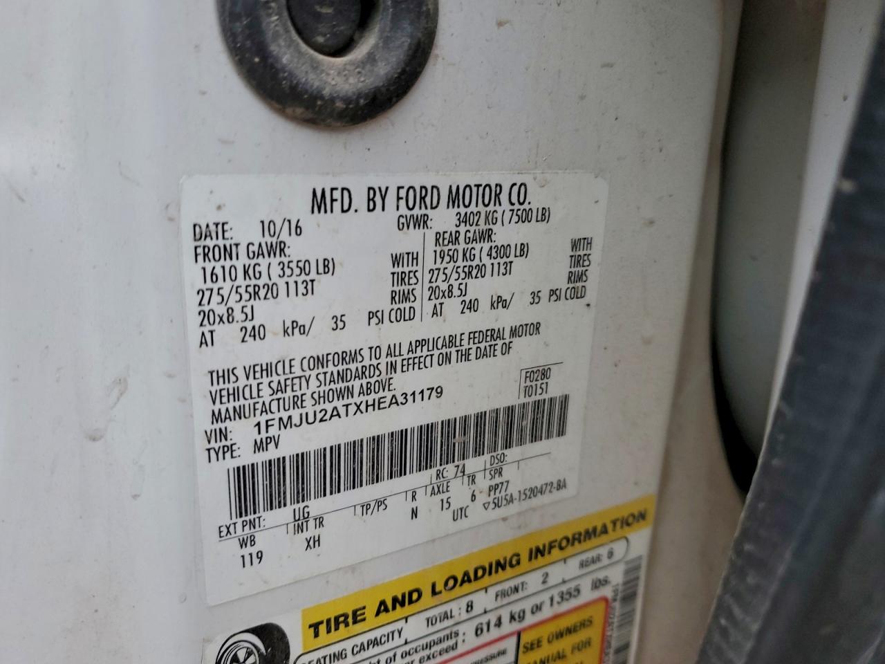 2017 Ford Expedition Limited VIN: 1FMJU2ATXHEA31179 Lot: 92371905