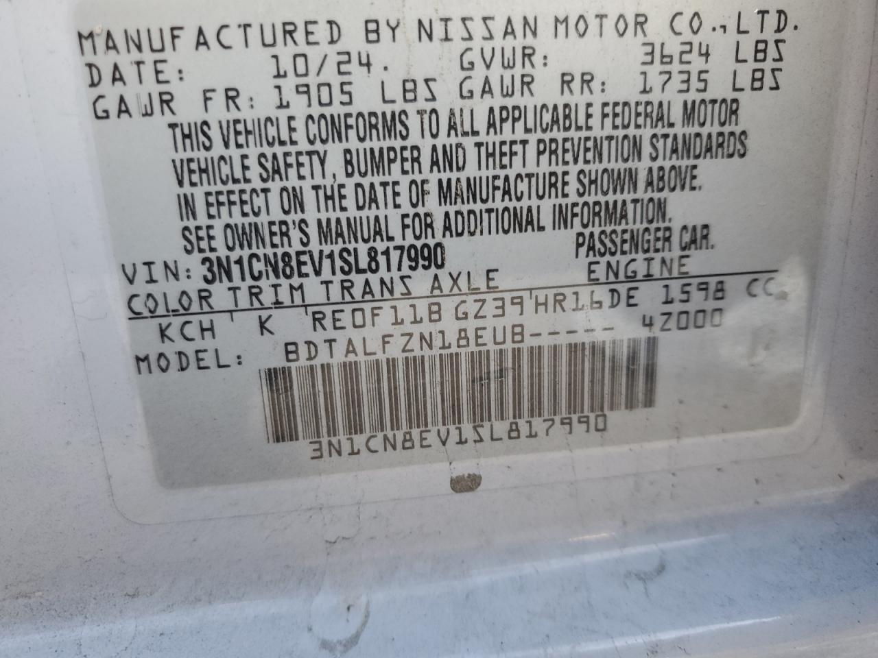 2025 Nissan Versa Sv VIN: 3N1CN8EV1SL817990 Lot: 91721325