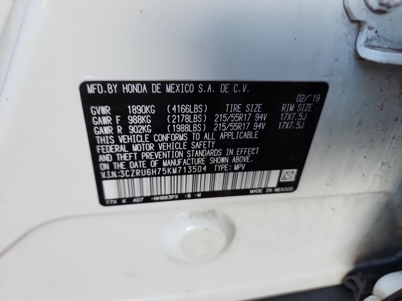 2019 Honda Hr-V Exl VIN: 3CZRU6H75KM713504 Lot: 91437695