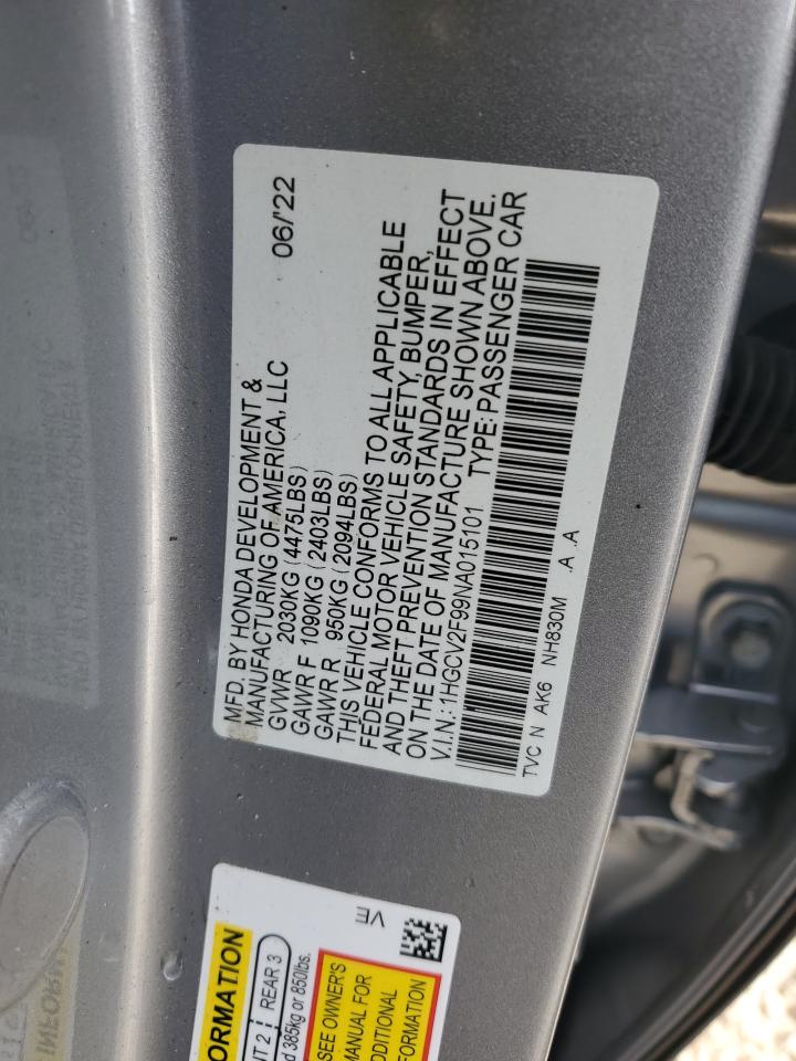 2022 Honda Accord Touring VIN: 1HGCV2F99NA015101 Lot: 90805865