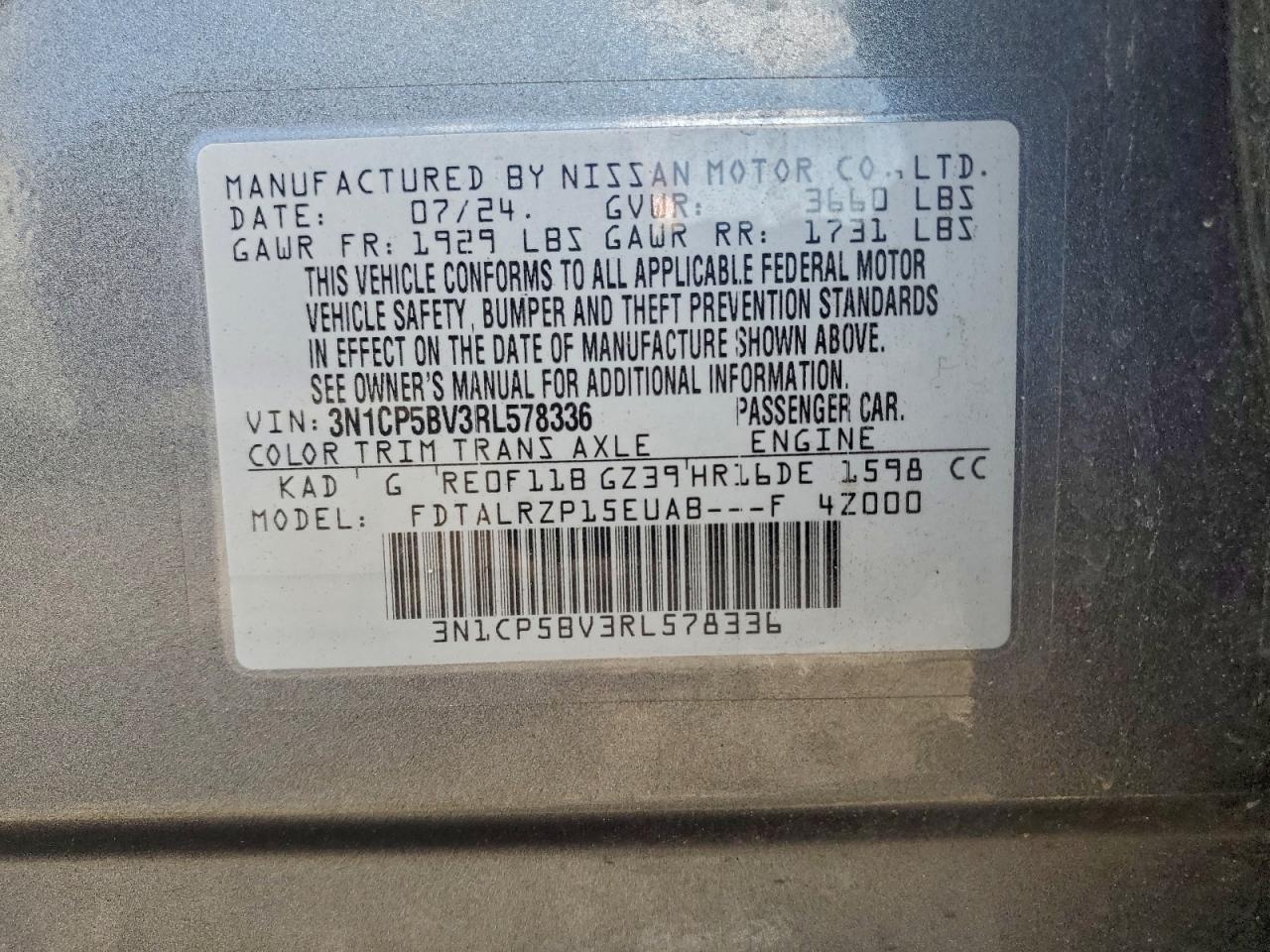 2024 Nissan Kicks S VIN: 3N1CP5BV3RL578336 Lot: 93721605