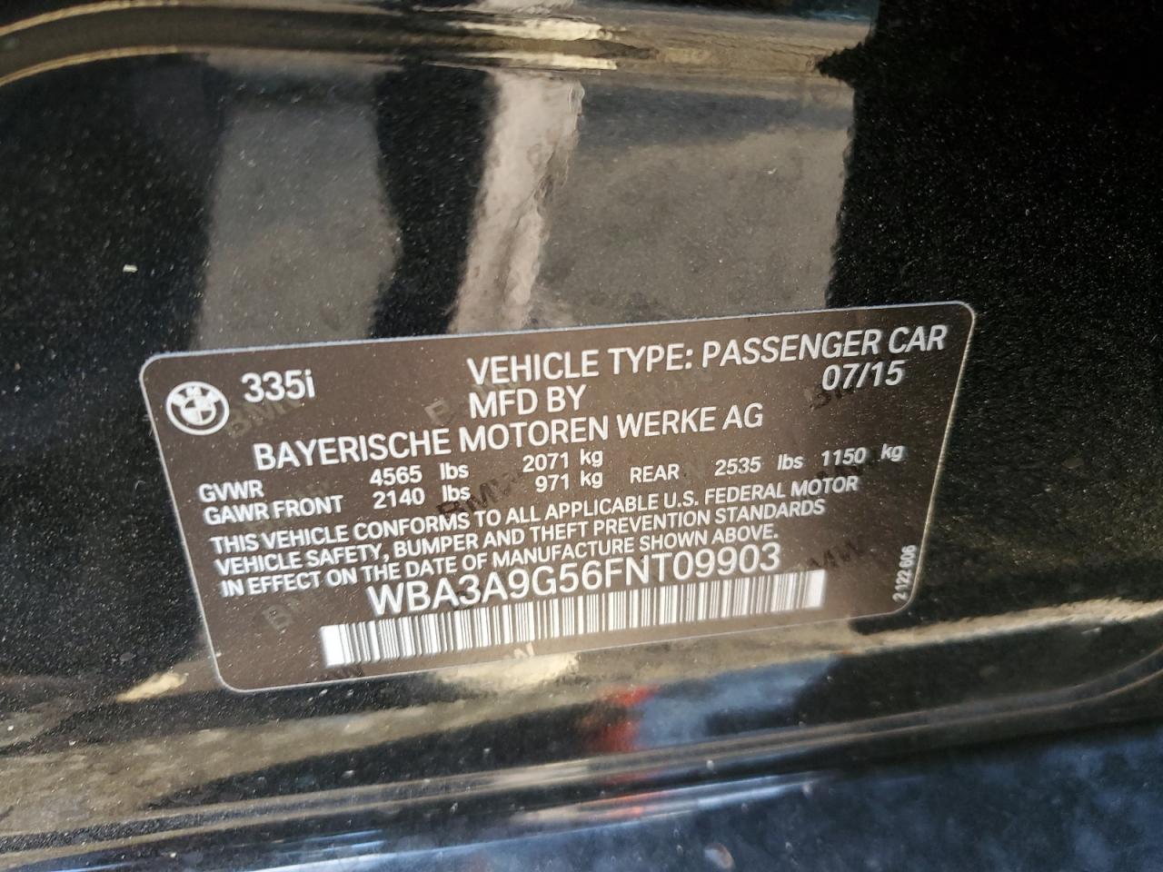 2015 BMW 335 I VIN: WBA3A9G56FNT09903 Lot: 91110535