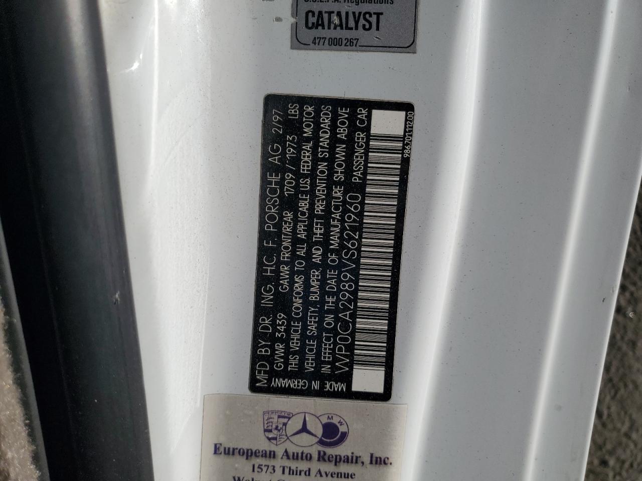 1997 Porsche Boxster VIN: WP0CA2989VS621960 Lot: 92955325