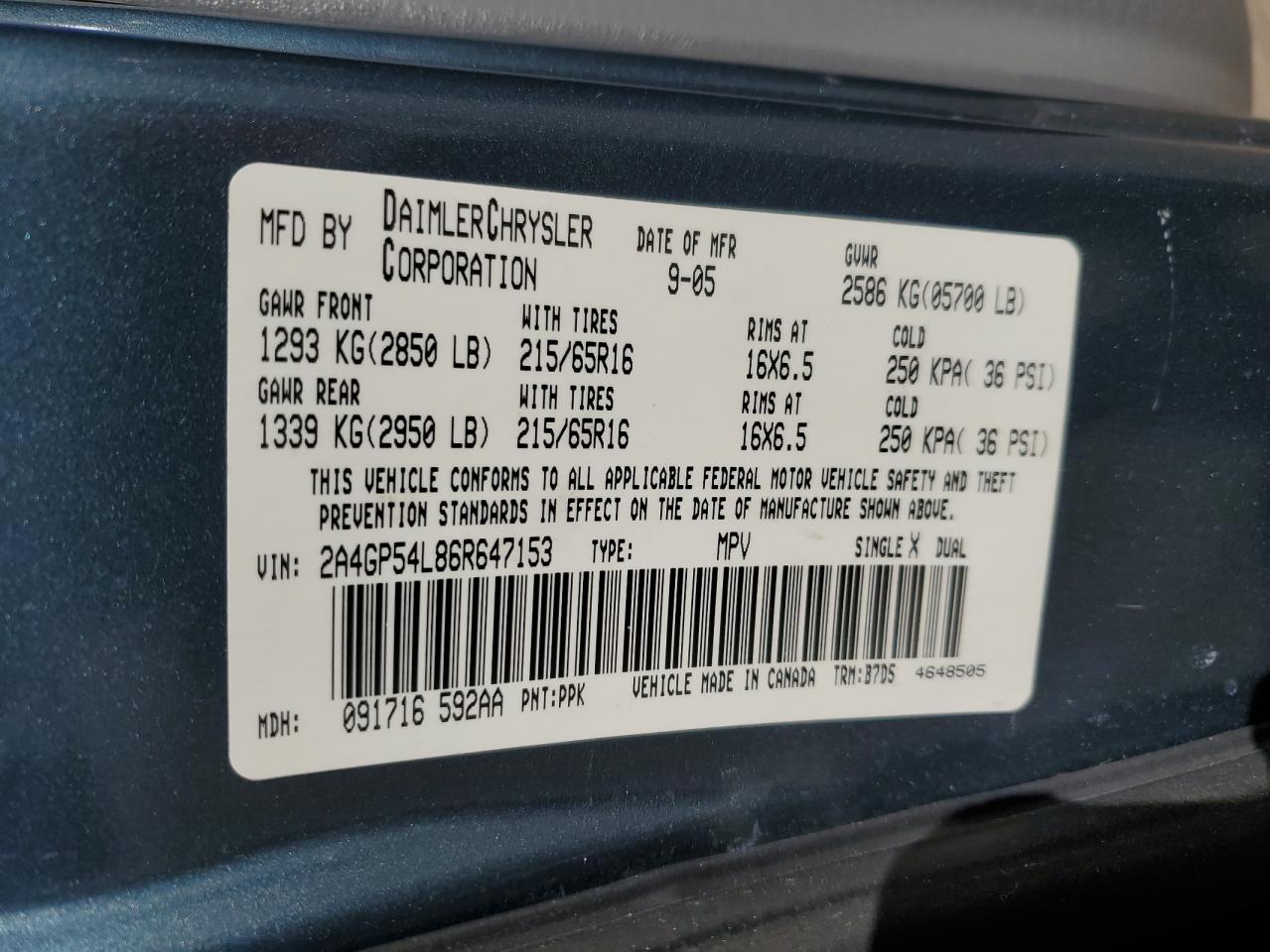 2006 Chrysler Town & Country Touring VIN: 2A4GP54L86R647153 Lot: 91484915