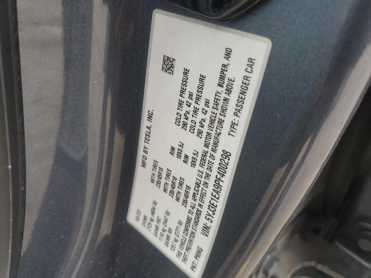 2023 Tesla Model 3 VIN: 5YJ3E1EA9PF400298 Lot: 87129925