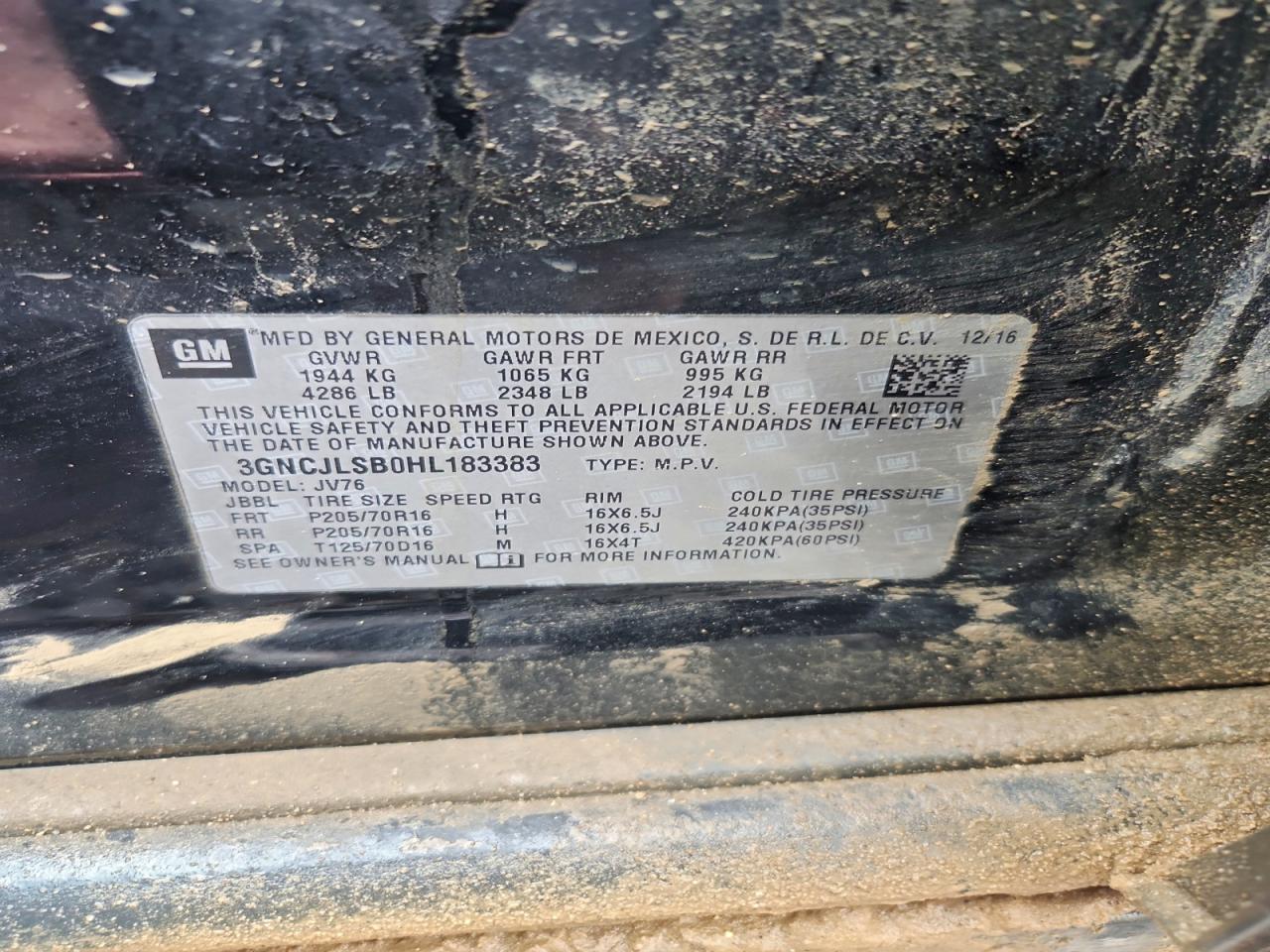 2017 Chevrolet Trax 1Lt VIN: 3GNCJLSB0HL183383 Lot: 94041445