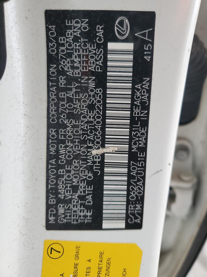 2004 Lexus Es 330 VIN: JTHBA30G640022058 Lot: 90418205