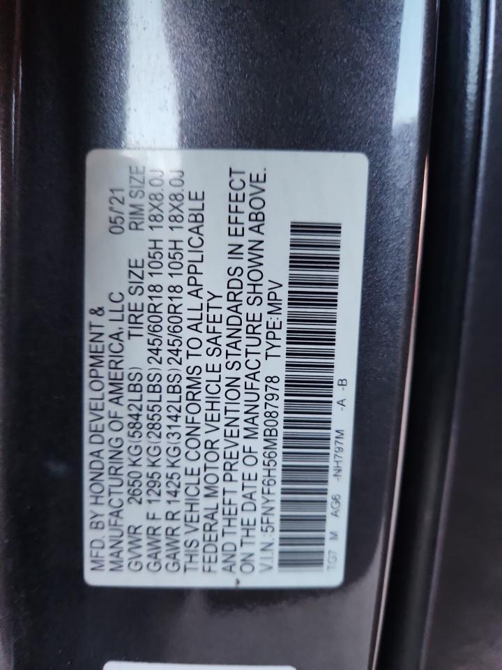 2021 Honda Pilot Exl VIN: 5FNYF6H56MB087978 Lot: 93527685