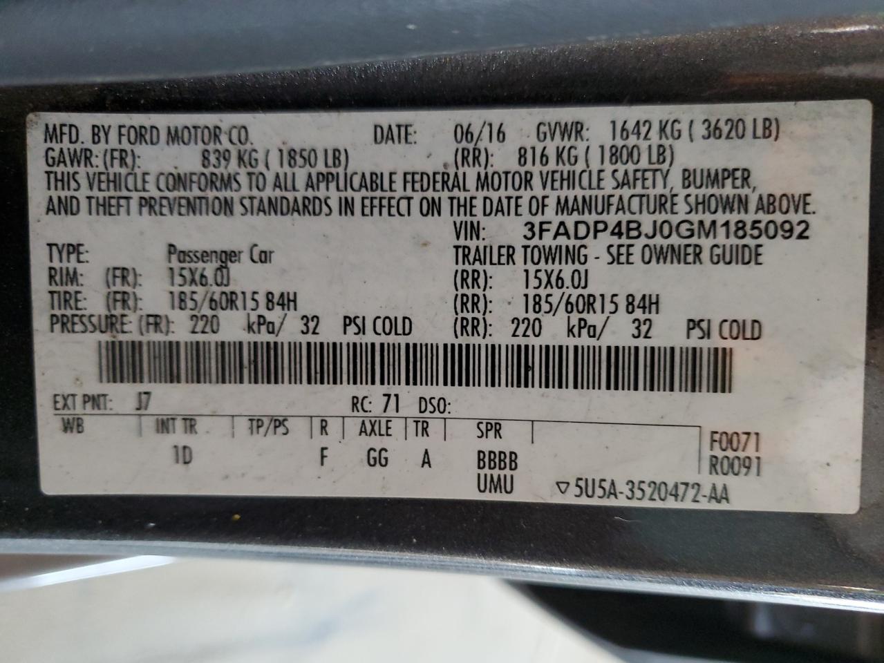 2016 Ford Fiesta Se VIN: 3FADP4BJ0GM185092 Lot: 91738045