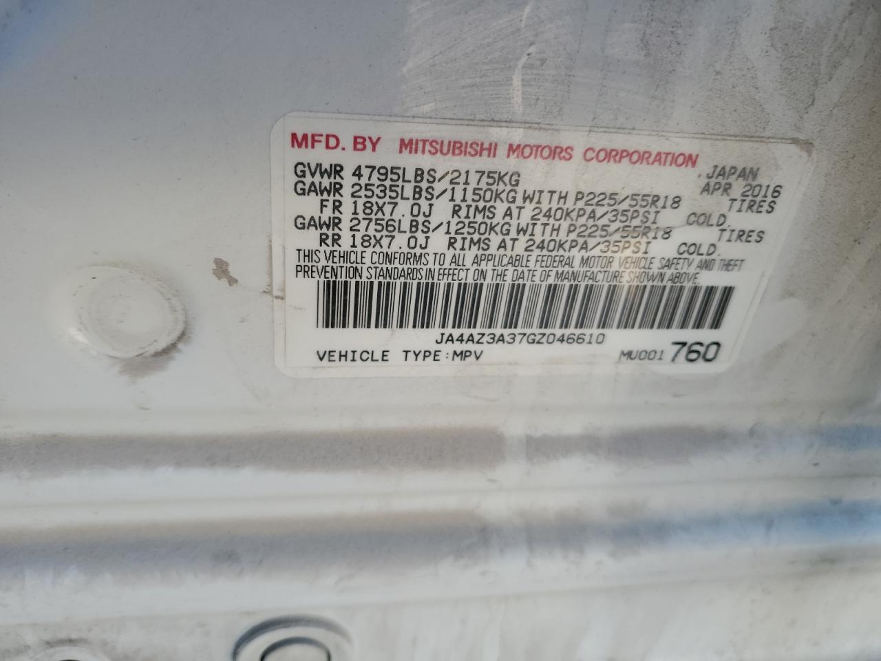 2016 Mitsubishi Outlander Se VIN: JA4AZ3A37GZ046610 Lot: 93295145